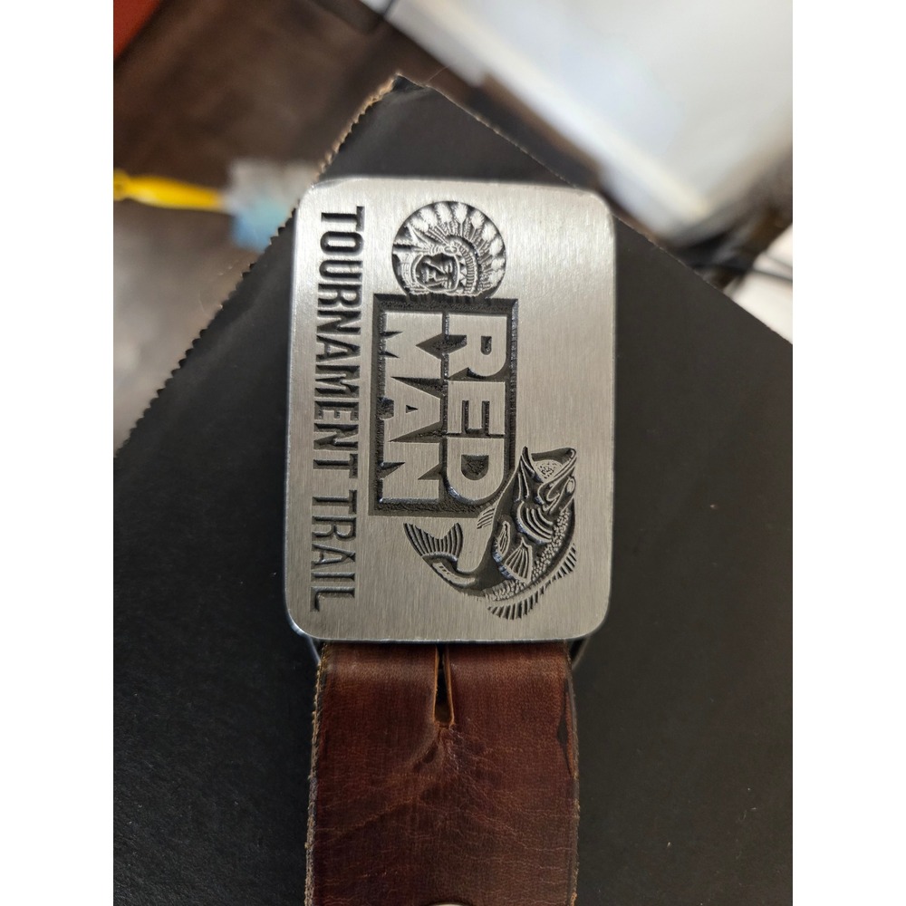 Vintage Red Man Tournament Trail Belt Buckle Operation Bass Embossed Leather
